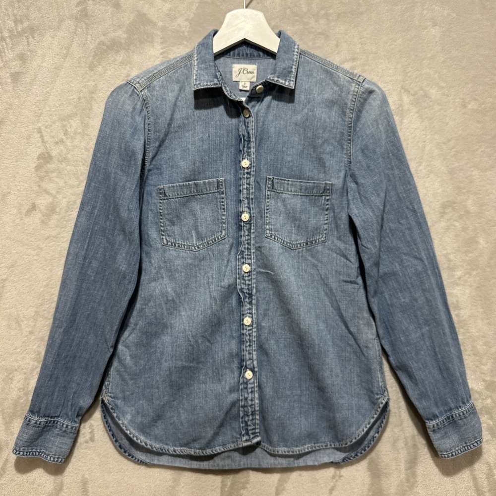 J Crew Women's Button Down Denim Everyday Chambray Shirt Collar Top Blue Size 2